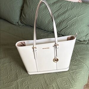 Michael Kors White Saffiano Leather Tote with Gold Hardware